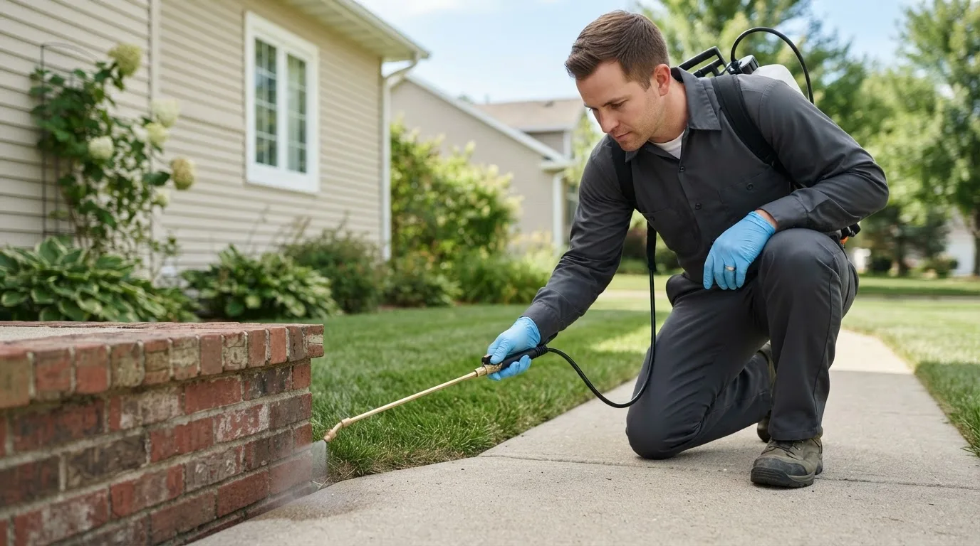 Pest control technician treating a home near Buckland, OH