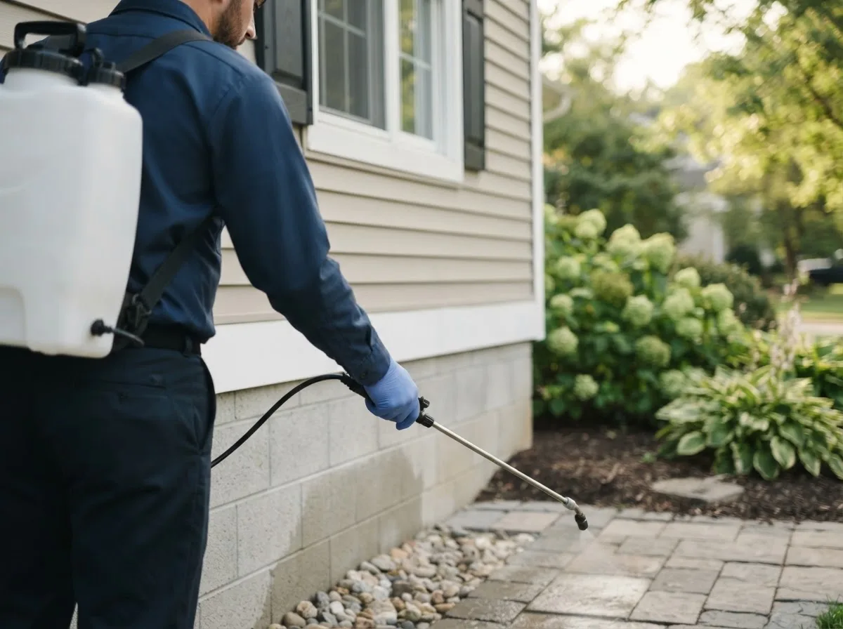 Pest control technician inspecting a home in Buckland, OH